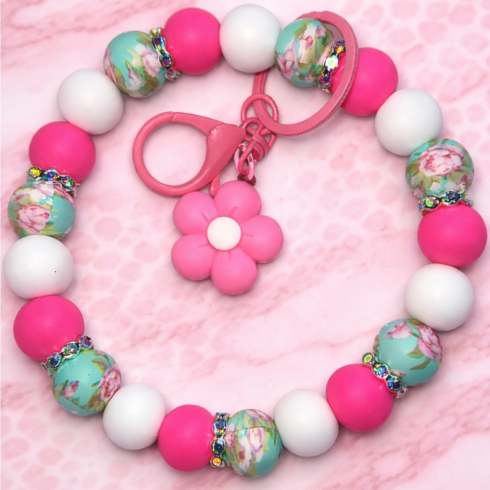 🌸 Pink Floral Beaded Wristlet Keychain 🌸